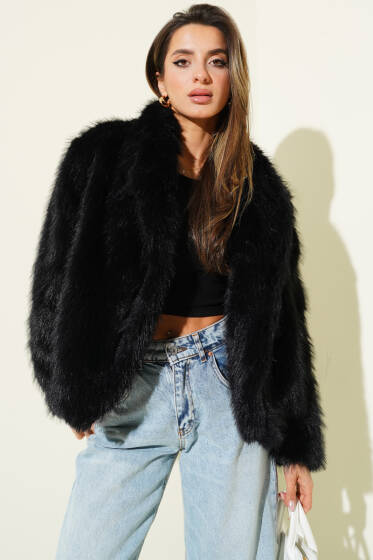 Kruvaze Yaka Astarlı Kısa Kürk Ceket Siyah - Kadın Giyim Modelleri