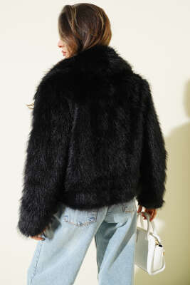 Kruvaze Yaka Astarlı Kısa Kürk Ceket Siyah - Kadın Giyim Modelleri