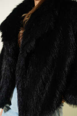 Kruvaze Yaka Astarlı Kısa Kürk Ceket Siyah - Kadın Giyim Modelleri