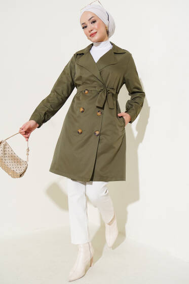 Kruvaze Yaka Astarsız Trençkot Haki - Trençkot