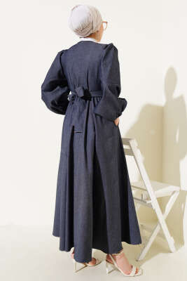 Kruvaze Yaka Balon Kol Kot Elbise Füme - Tesettür Elbise