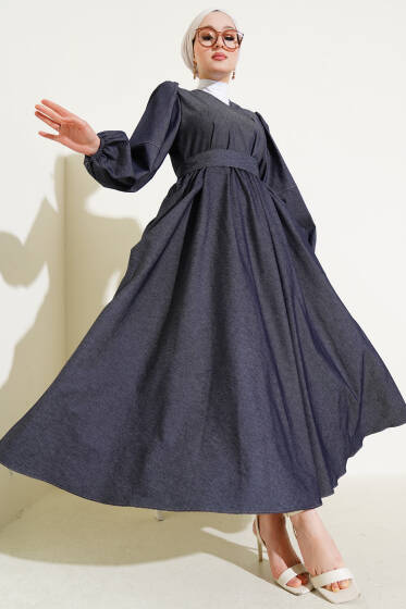 Kruvaze Yaka Balon Kol Kot Elbise Füme - Tesettür Elbise