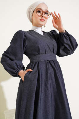 Kruvaze Yaka Balon Kol Kot Elbise Füme - Tesettür Elbise