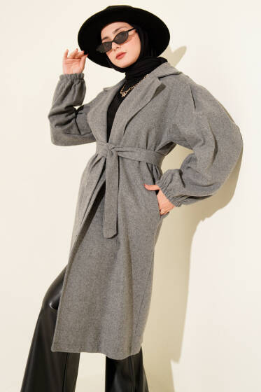  Kruvaze Yaka Balon Kol Kuşaklı Kaban Füme - Kaban