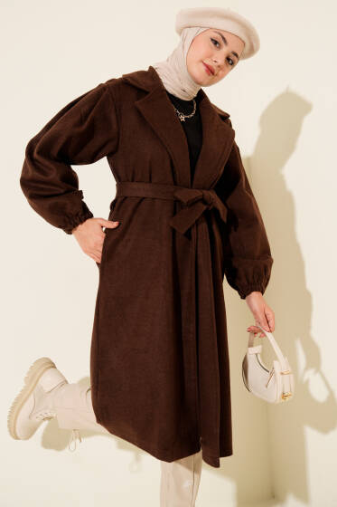  Kruvaze Yaka Balon Kol Kuşaklı Kaban Kahve - Kaban