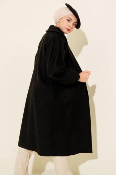  Kruvaze Yaka Balon Kol Kuşaklı Kaban Siyah - Kaban