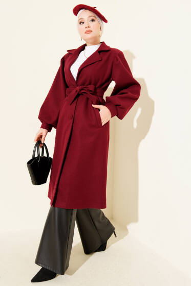 Kruvaze Yaka Balon Kol Kuşaklı Kaşe Kaban Bordo - Kaban