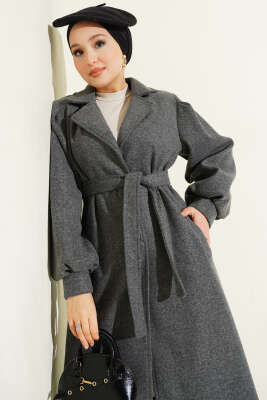 Kruvaze Yaka Balon Kol Kuşaklı Kaşe Kaban Füme - Kaban