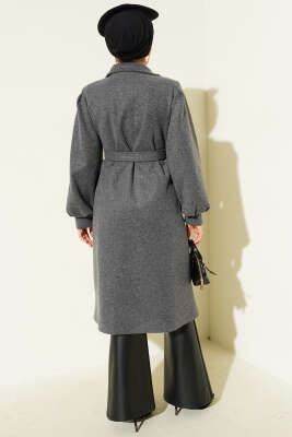 Kruvaze Yaka Balon Kol Kuşaklı Kaşe Kaban Füme - Kaban