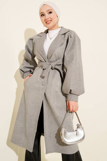 Kruvaze Yaka Balon Kol Kuşaklı Kaşe Kaban Gri - Kaban