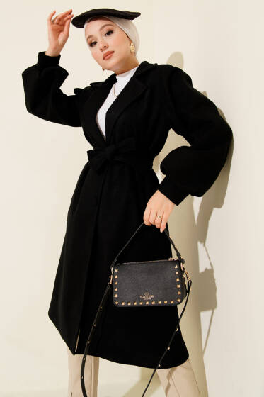 Kruvaze Yaka Balon Kol Kuşaklı Kaşe Kaban Siyah - Kaban