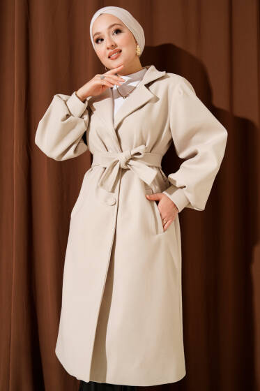 Kruvaze Yaka Balon Kol Kuşaklı Kaşe Kaban Taş - Kaban