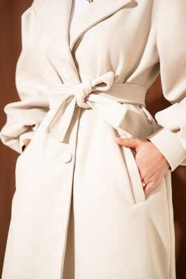 Kruvaze Yaka Balon Kol Kuşaklı Kaşe Kaban Taş - Kaban