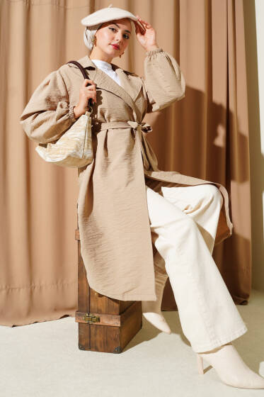 Kruvaze Yaka Balon Kol Kuşaklı Trençkot Bej - Trençkot