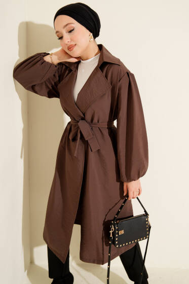 Kruvaze Yaka Balon Kol Kuşaklı Trençkot Kahve - Trençkot