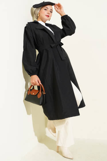 Kruvaze Yaka Balon Kol Kuşaklı Trençkot Siyah - Trençkot