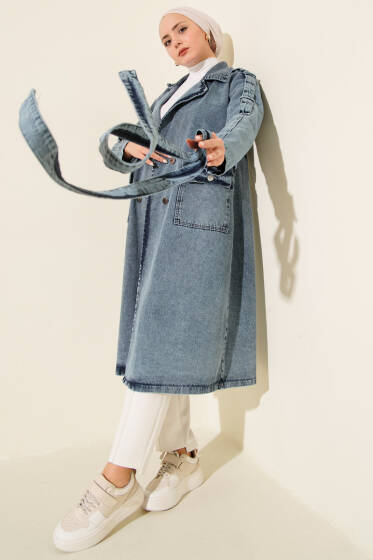 Kruvaze Yaka Bel Bağlamalı Kot Trençkot Açık Mavi - Trençkot