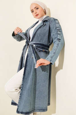 Kruvaze Yaka Bel Bağlamalı Kot Trençkot Açık Mavi - Trençkot