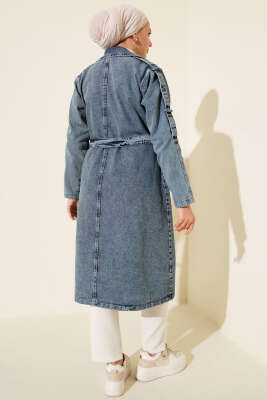 Kruvaze Yaka Bel Bağlamalı Kot Trençkot Açık Mavi - Trençkot