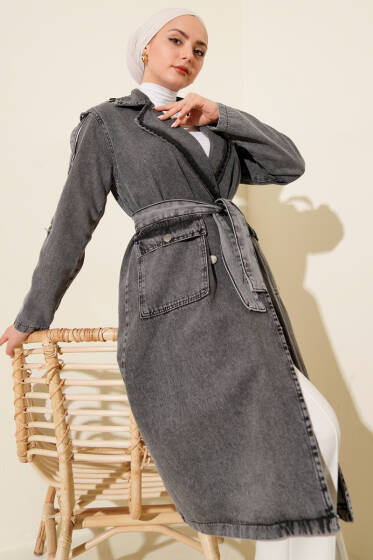 Kruvaze Yaka Bel Bağlamalı Kot Trençkot Füme - Trençkot