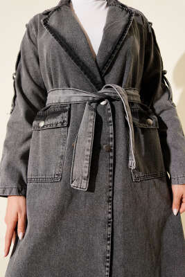 Kruvaze Yaka Bel Bağlamalı Kot Trençkot Füme - Trençkot