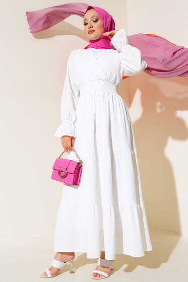 Kruvaze Yaka Bel Gipeli Elbise Ekru - Elbise