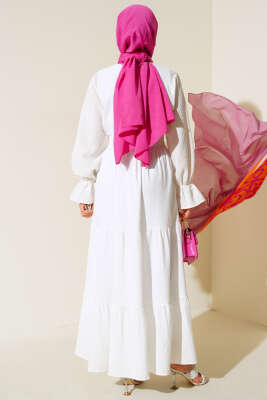 Kruvaze Yaka Bel Gipeli Elbise Ekru - Tesettür Elbise