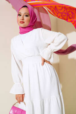 Kruvaze Yaka Bel Gipeli Elbise Ekru - Tesettür Elbise