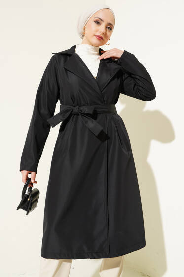 Kruvaze Yaka Bel Kuşaklı Trençkot Siyah - Trençkot