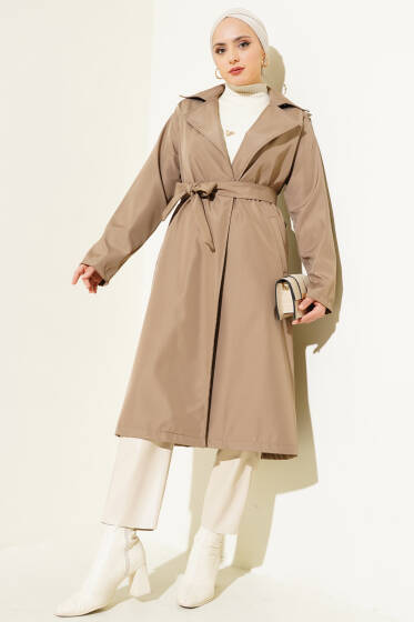 Kruvaze Yaka Bel Kuşaklı Trençkot Vizon - Trençkot