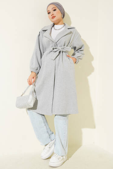 Kruvaze Yaka Belden Bağlamalı Kaban Gri - Kaban