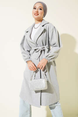 Kruvaze Yaka Belden Bağlamalı Kaban Gri - Kaban