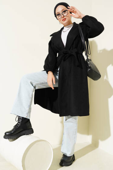 Kruvaze Yaka Belden Bağlamalı Kaban Siyah - Kaban