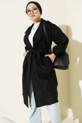 Kruvaze Yaka Belden Bağlamalı Kaban Siyah - Kaban