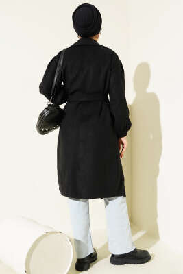 Kruvaze Yaka Belden Bağlamalı Kaban Siyah - Kaban