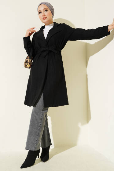 Kruvaze Yaka Belden Kuşaklı Kaban Siyah - Kaban