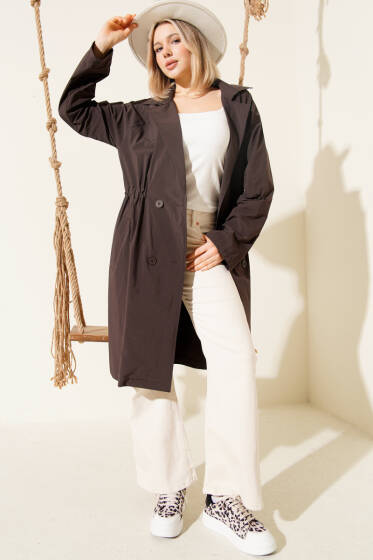 Kruvaze Yaka Beli Büzgülü Düğmeli Trençkot Kahve - Kadın Giyim Modelleri