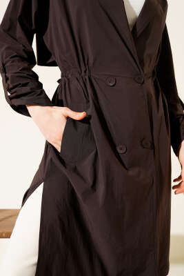 Kruvaze Yaka Beli Büzgülü Düğmeli Trençkot Kahve - Kadın Giyim Modelleri