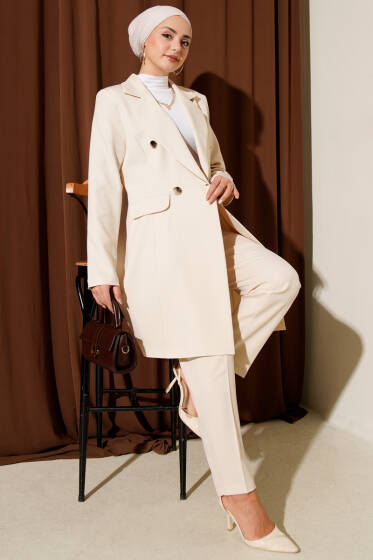 Kruvaze Yaka Blazer Ceketli İkili Takım Bej - İkili Takım