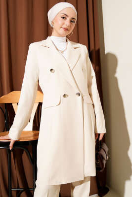 Kruvaze Yaka Blazer Ceketli İkili Takım Bej - İkili Takım