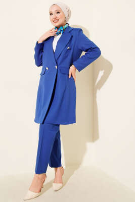 Kruvaze Yaka Blazer Ceketli İkili Takım Saks - ARANLI TEKSTİL