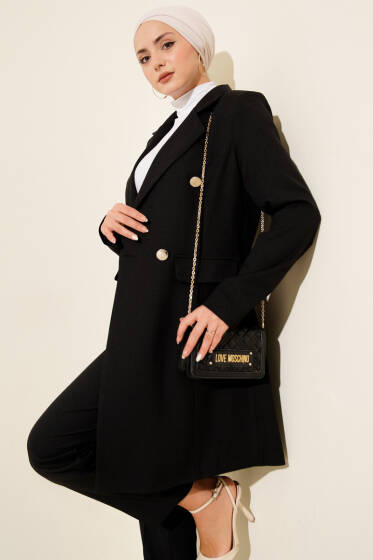 Kruvaze Yaka Blazer Ceketli İkili Takım Siyah - İkili Takım