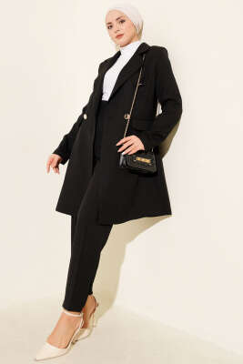 Kruvaze Yaka Blazer Ceketli İkili Takım Siyah - İkili Takım