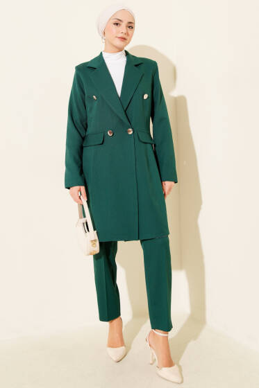 Kruvaze Yaka Blazer Ceketli İkili Takım Zümrüt Yeşili - İkili Takım
