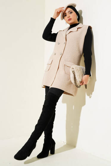 Kruvaze Yaka Buklet Yelek Bej - Yelek