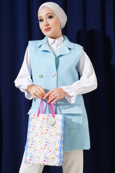 Kruvaze Yaka Buklet Yelek Buz Mavisi - Yelek