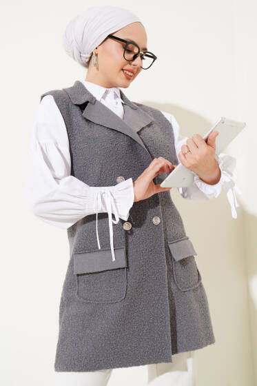 	 Kruvaze Yaka Buklet Yelek Füme - Yelek