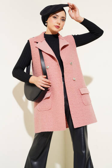 Kruvaze Yaka Buklet Yelek Gül Kurusu - Yelek