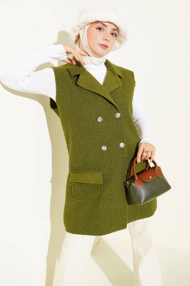 Kruvaze Yaka Buklet Yelek Haki - Yelek