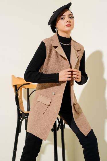 Kruvaze Yaka Buklet Yelek Latte - Yelek